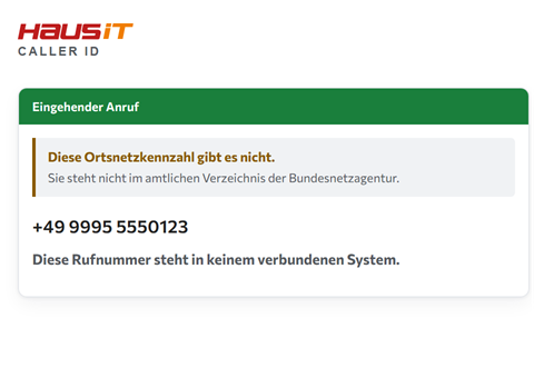 Klingelkarte mit dem Hinweis, dass die Ortsnetzkennzahl des Anrufers nicht existiert