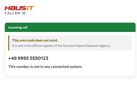 Incoming-call card stating that the caller’s area code does not exist