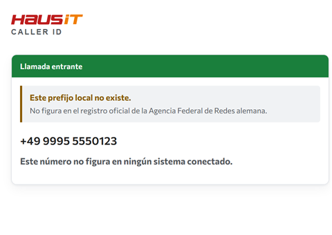 Ficha de llamada entrante que indica que el prefijo local de quien llama no existe