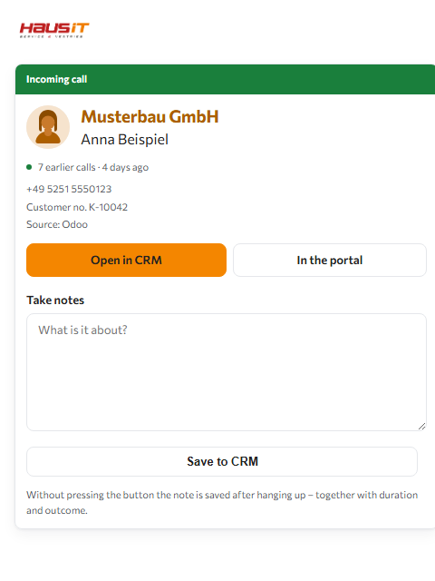 The tile during a call: company, contact, customer number and a button to open the record in the CRM.